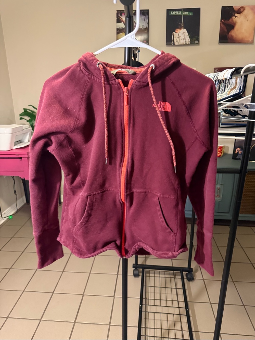The North Face Women's Burgundy Zip-Up Fleece Hoodie with Red Accents